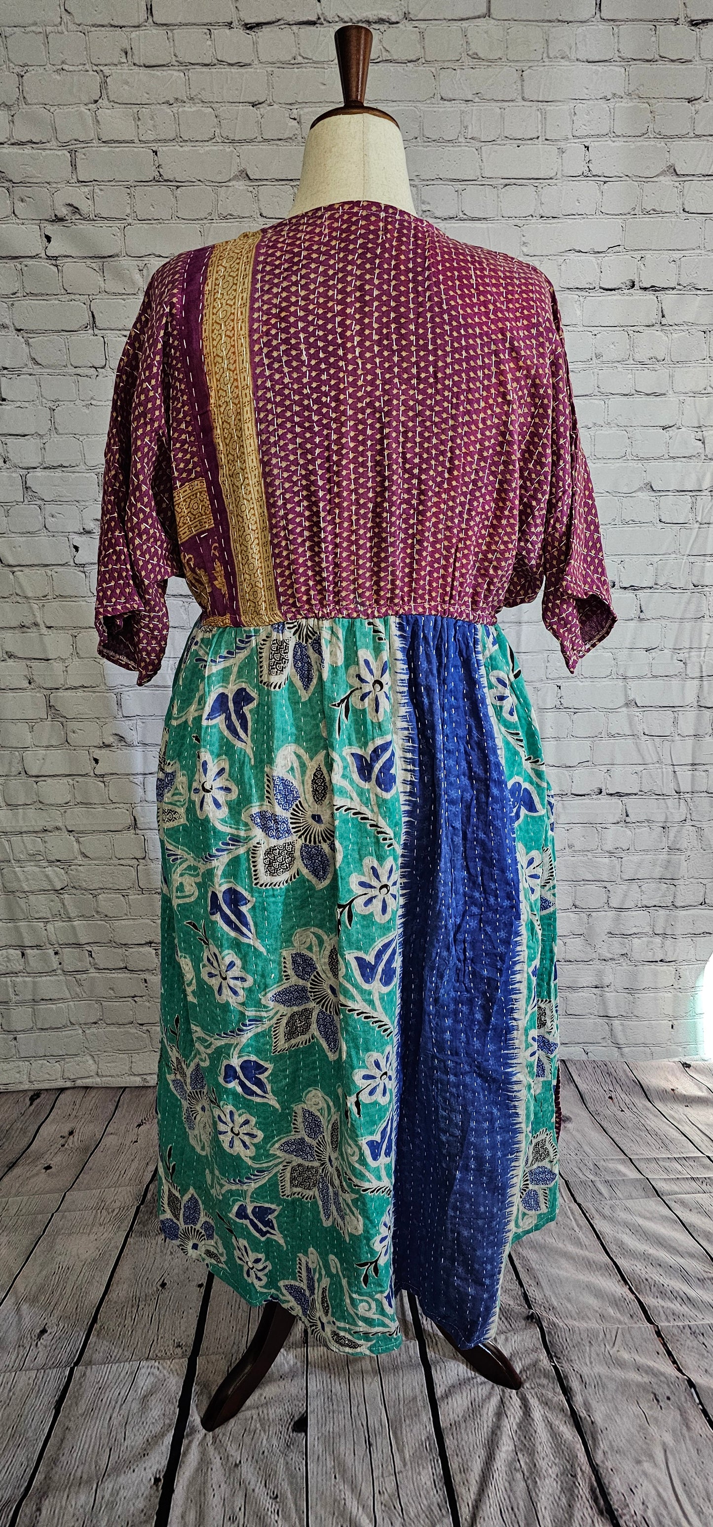Kantha stitching on Mosswynd cotton dress back, handmade recycled sari fabric.