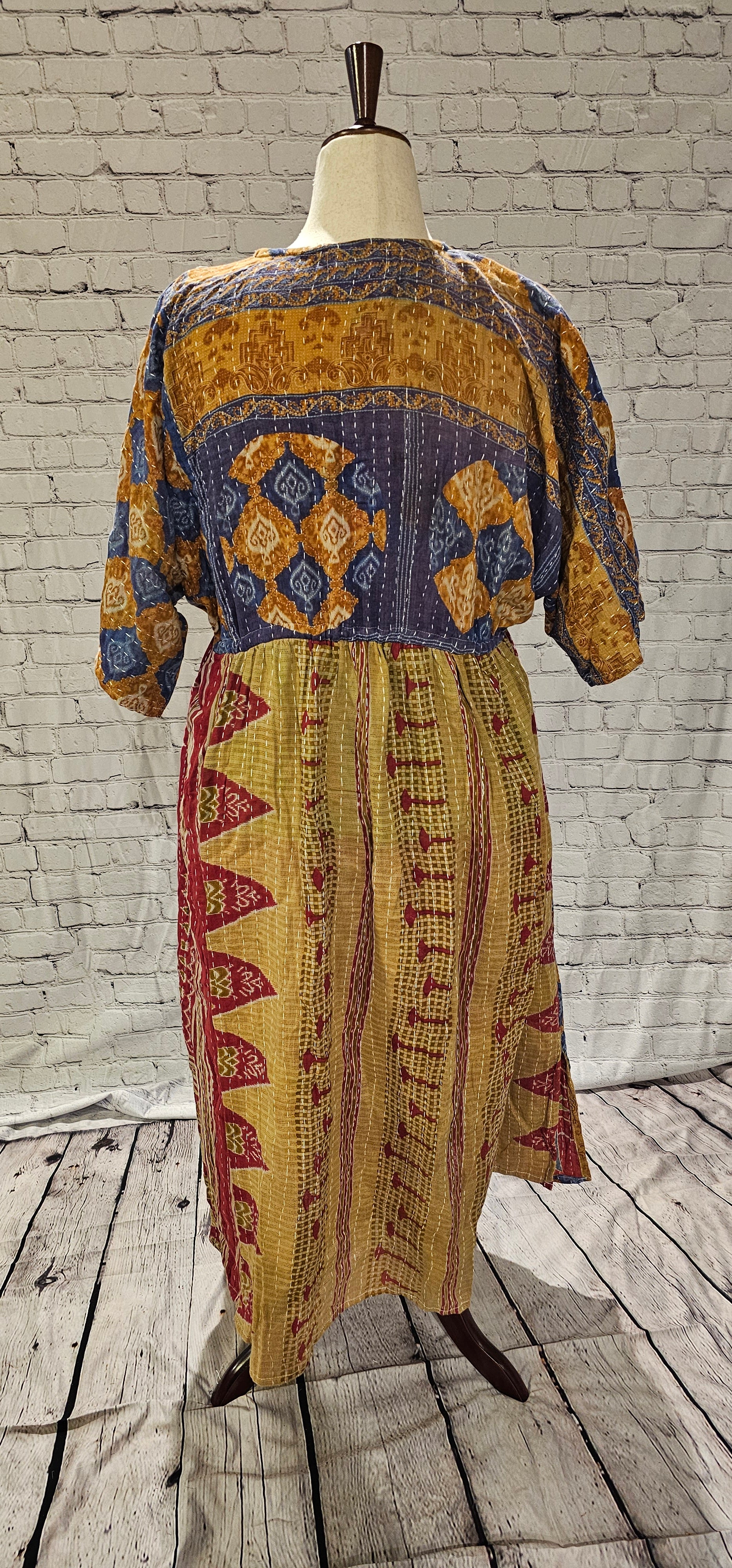 Bohemian cotton Kantha dress back styled casually, one-of-a-kind patchwork garment.