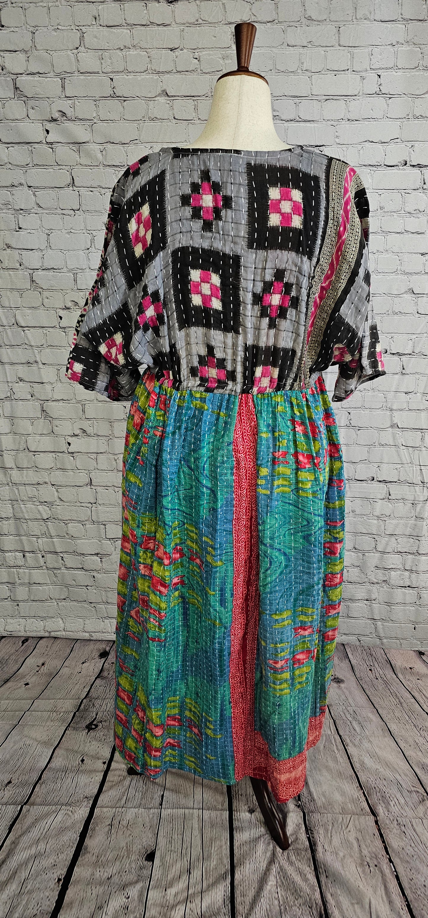 Sustainable cotton Kantha dress back for boho wardrobe, eco-conscious and one of a kind.