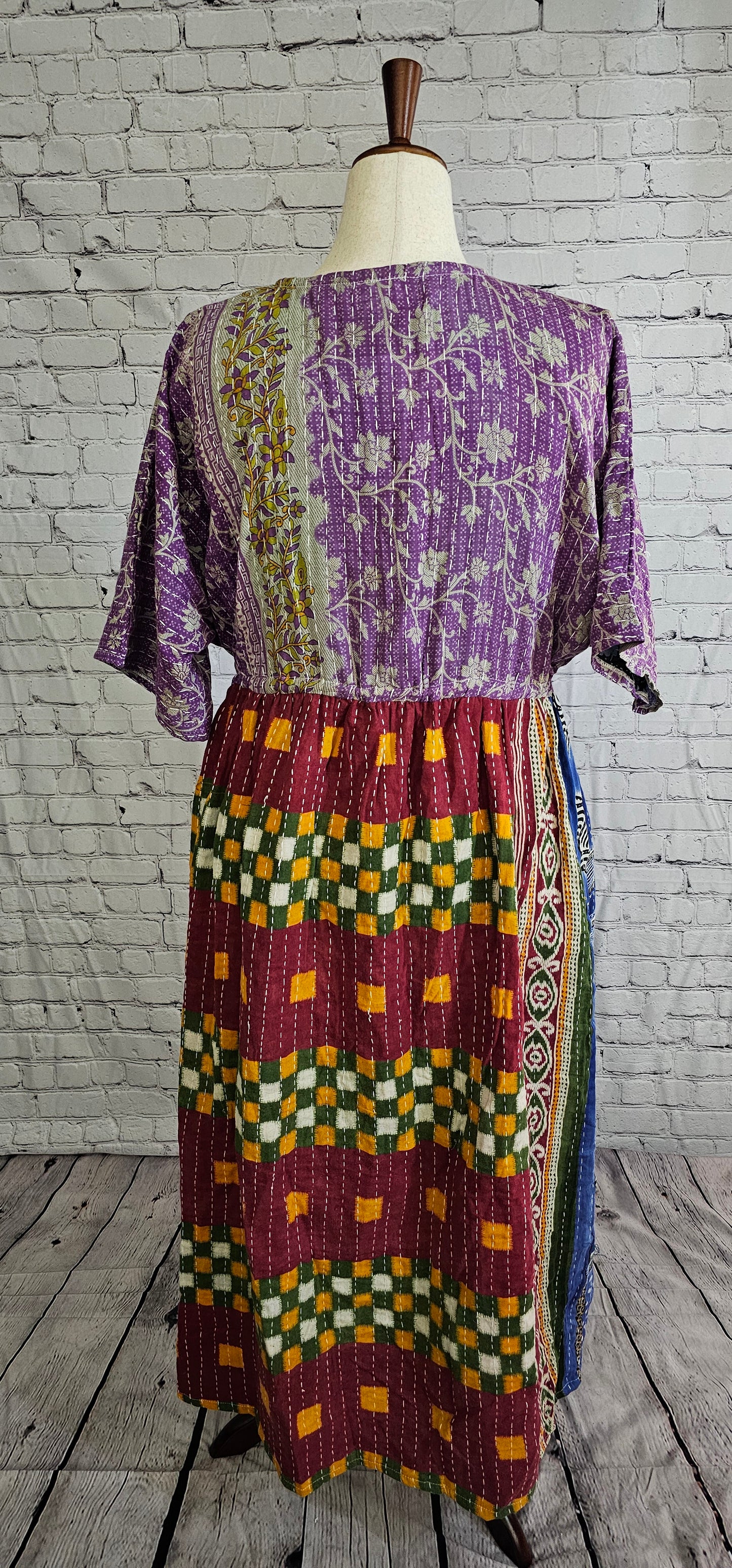 Back view of Mosswynd Kantha dress front in cotton, one-of-a-kind patchwork detail.