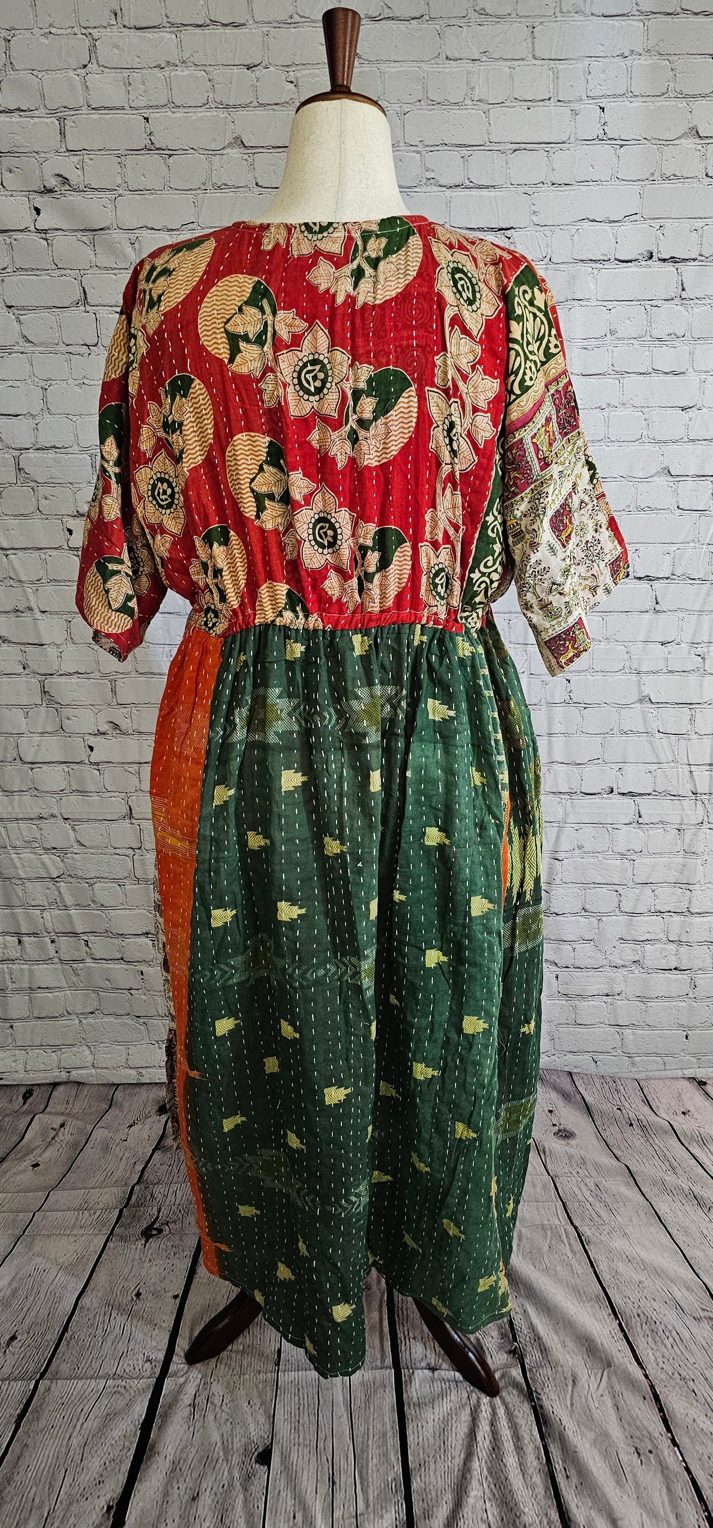 Mosswynd Kantha boho dress styled for everyday wear, made from recycled sari patchwork shown on mannequin.