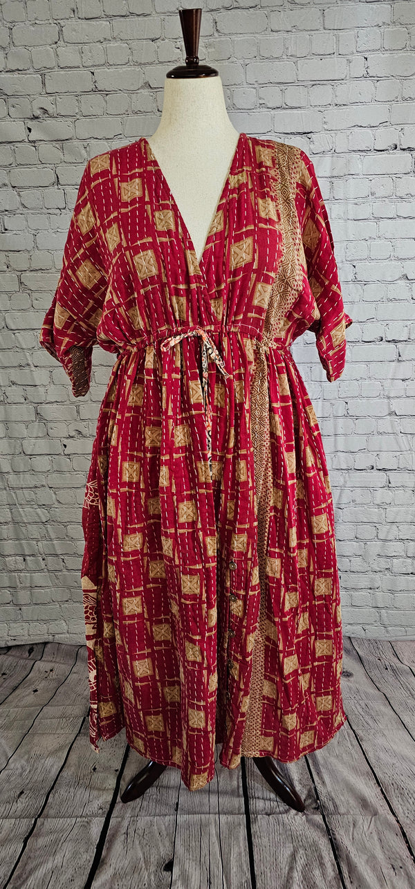 Front view of Mosswynd cotton Kantha patchwork dress front, recycled sari fashion.