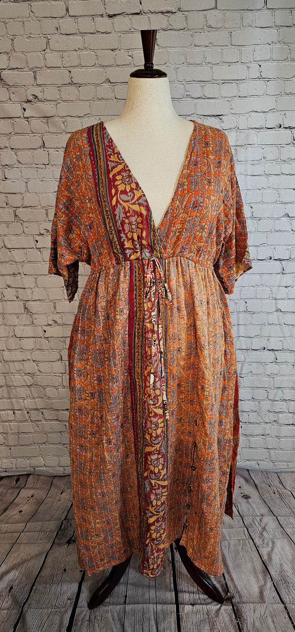 Bohemian cotton Kantha dress front styled casually, one-of-a-kind patchwork garment.