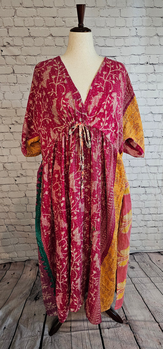 Sustainable cotton Kantha dress front for boho wardrobe and eco-conscious.