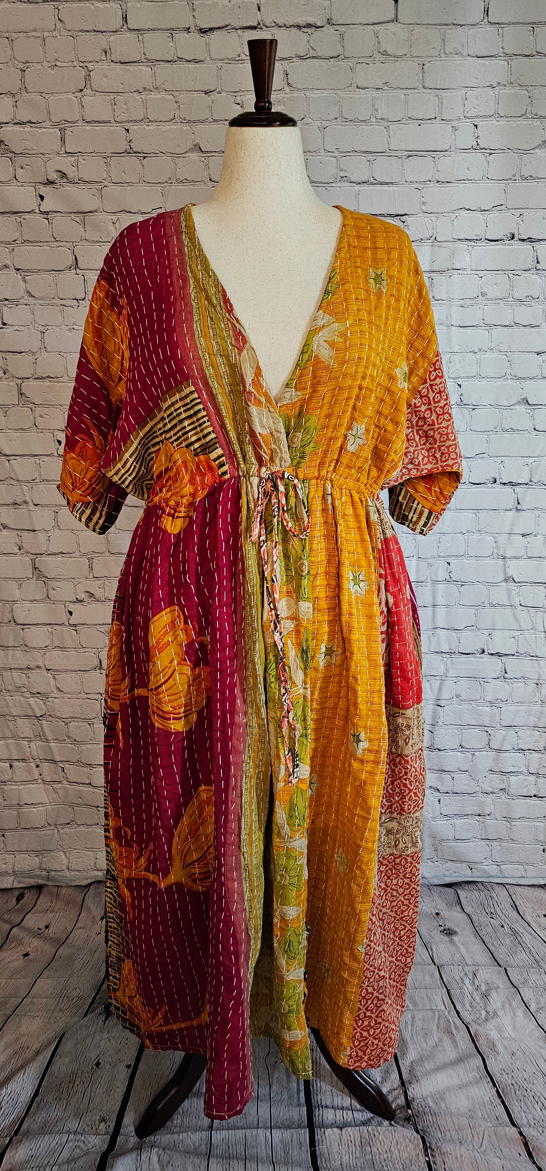 Mosswynd cotton Kantha boho dress front worn by model, designed to flatter every body.

