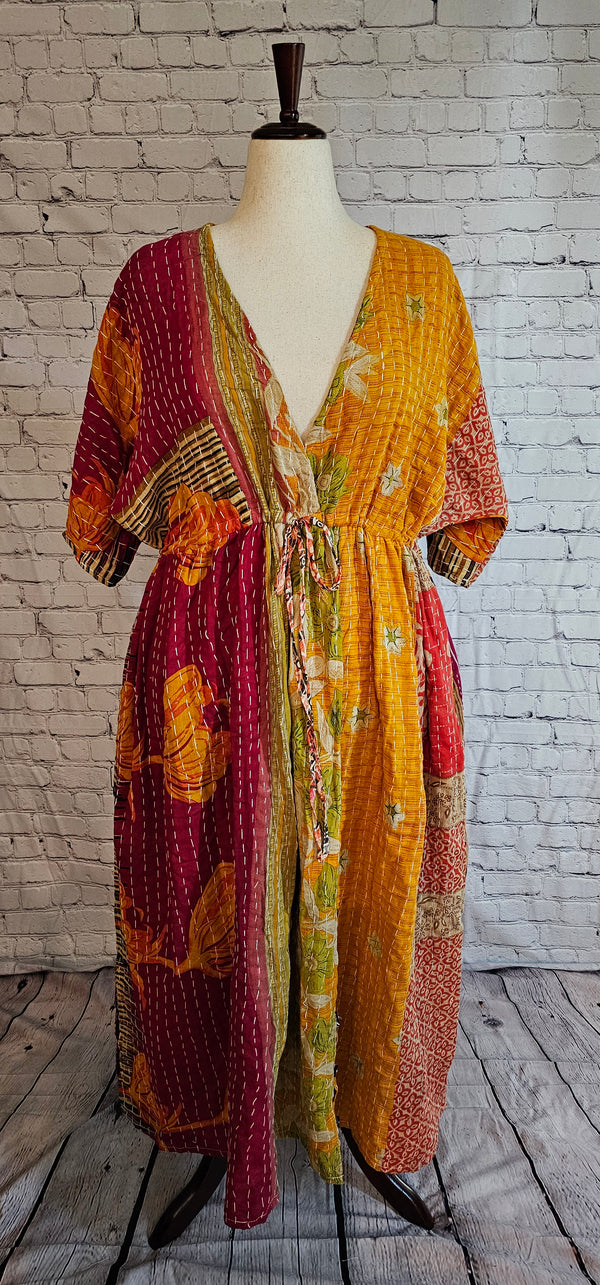 Mosswynd cotton Kantha boho dress front worn by model, designed to flatter every body.
