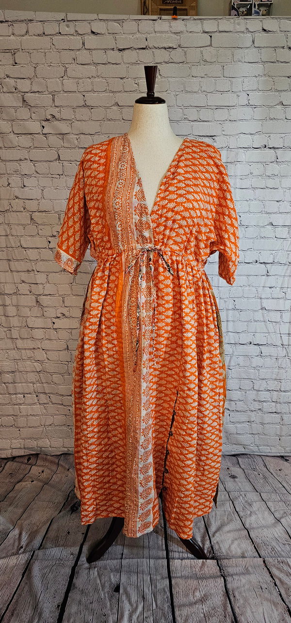 Mosswynd Kantha boho dress styled for everyday wear, made from recycled sari patchwork shown on mannequin.