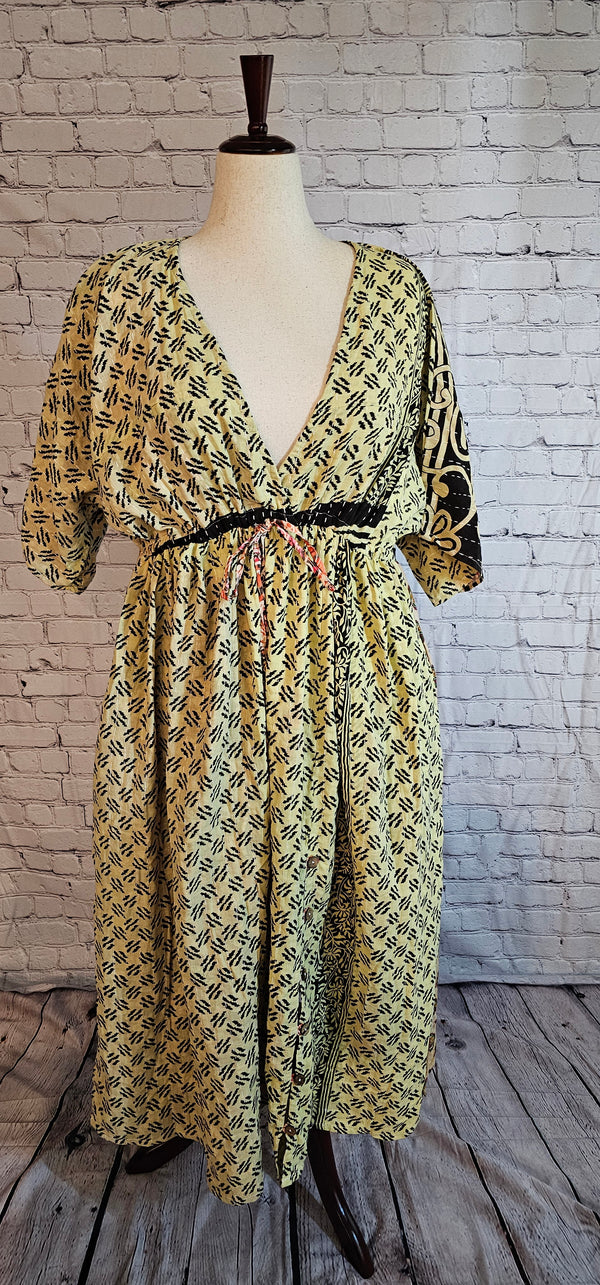 Mosswynd cotton Kantha boho dress styled for everyday wear, sustainable and one-of-a-kind shown on mannequin.