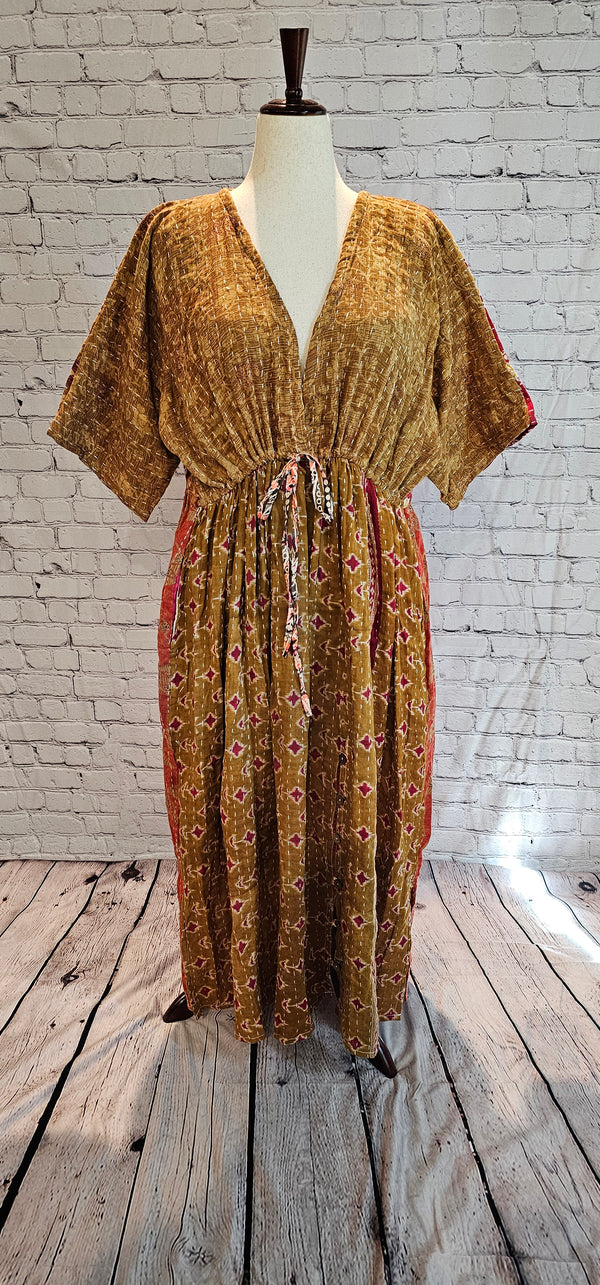 Front view of Mosswynd cotton Kantha dress, sustainable bohemian patchwork design made from recycled saris.