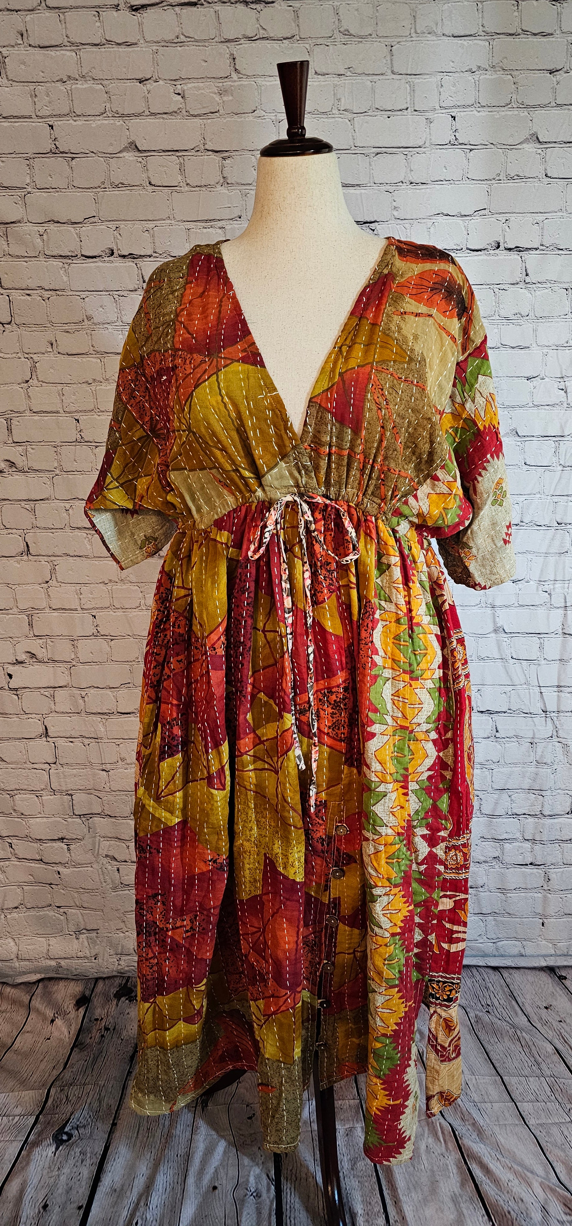 Boho cotton Kantha dress made from recycled saris, free-size fit S–2X shown on mannequin.