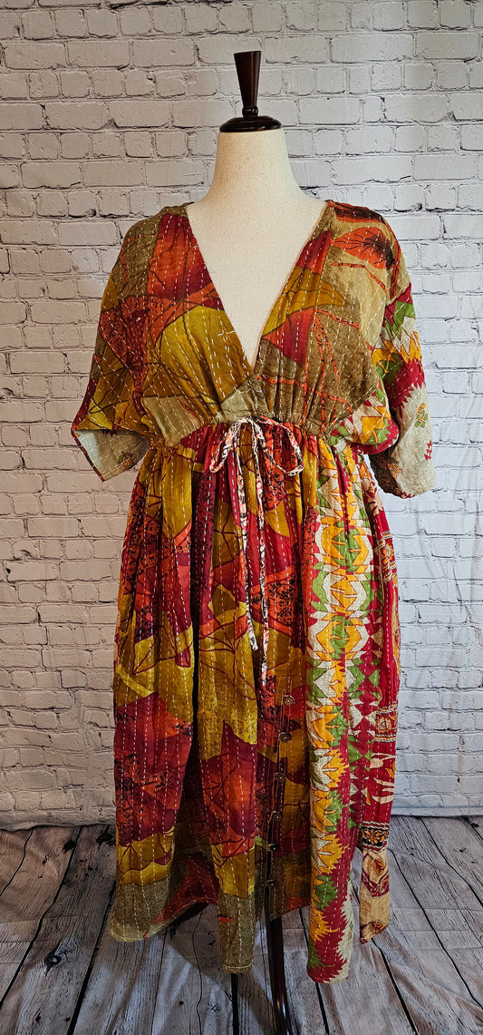 Boho cotton Kantha dress made from recycled saris, free-size fit S–2X shown on mannequin.