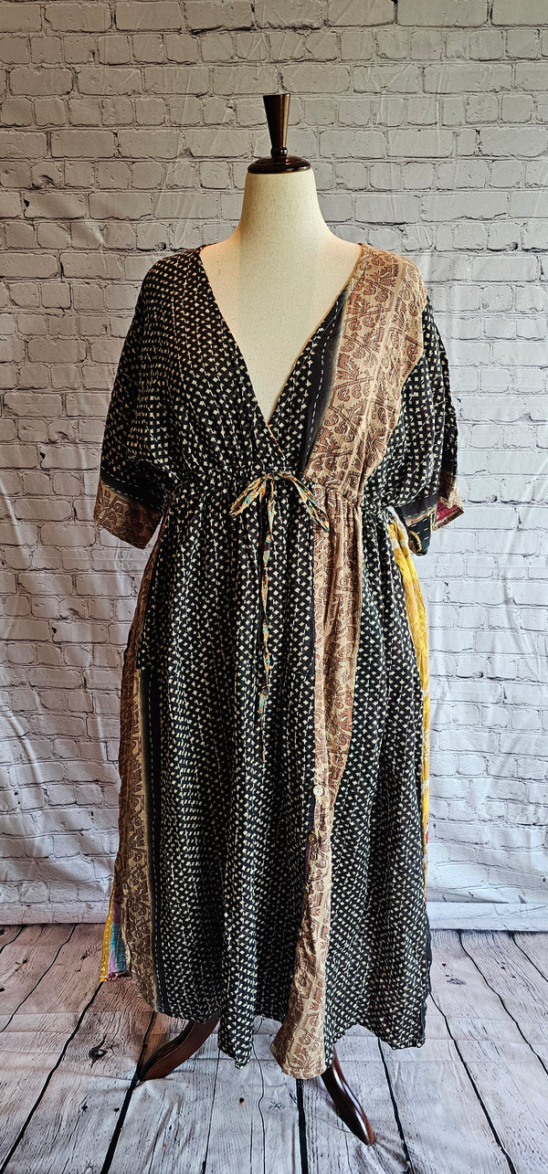 Bohemian cotton Kantha dress with free-size adaptable fit shown on mannequin.
