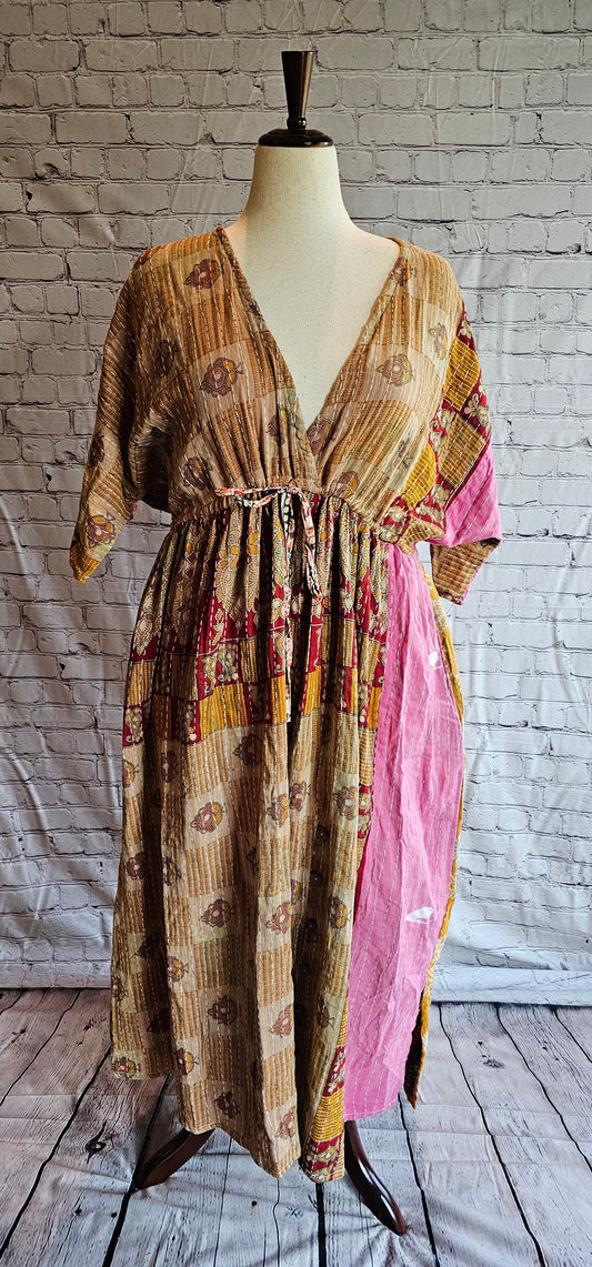 Mosswynd Kantha dress in cotton, one-of-a-kind patchwork detail shown on mannequin.
