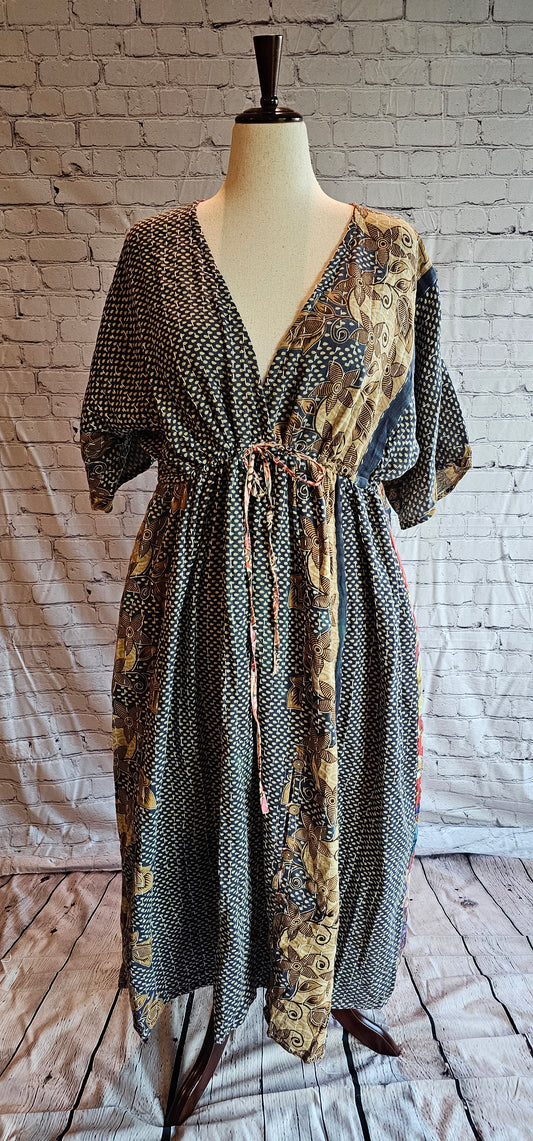 Mosswynd cotton Kantha boho dress, designed to flatter every body shown on mannequin.