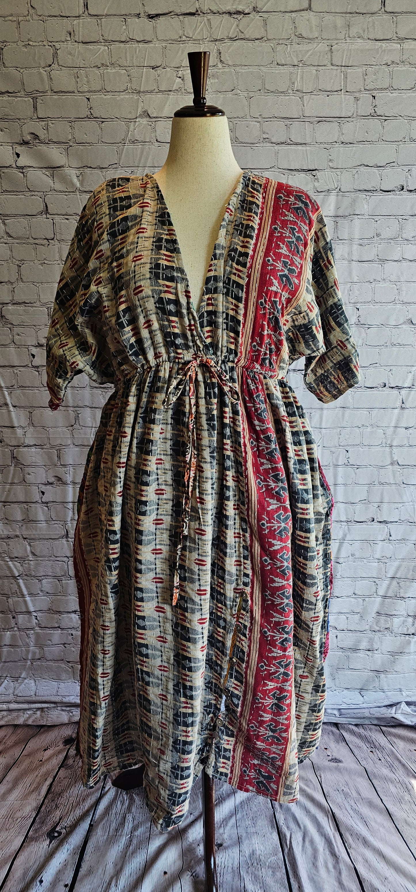 Front view of Mosswynd Kantha dress, sustainable bohemian patchwork made from recycled sari fabric.