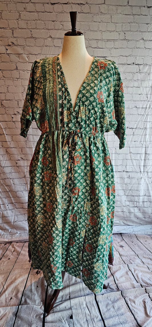 Mosswynd cotton Kantha dress, bohemian patchwork design with flowing fit.