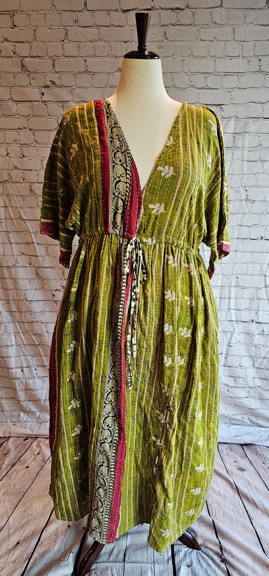 Mosswynd Kantha boho dress front styled for everyday wear, made from recycled sari patchwork.