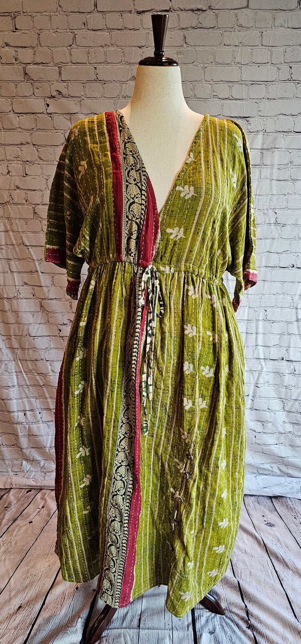 Mosswynd Kantha boho dress front styled for everyday wear, made from recycled sari patchwork.