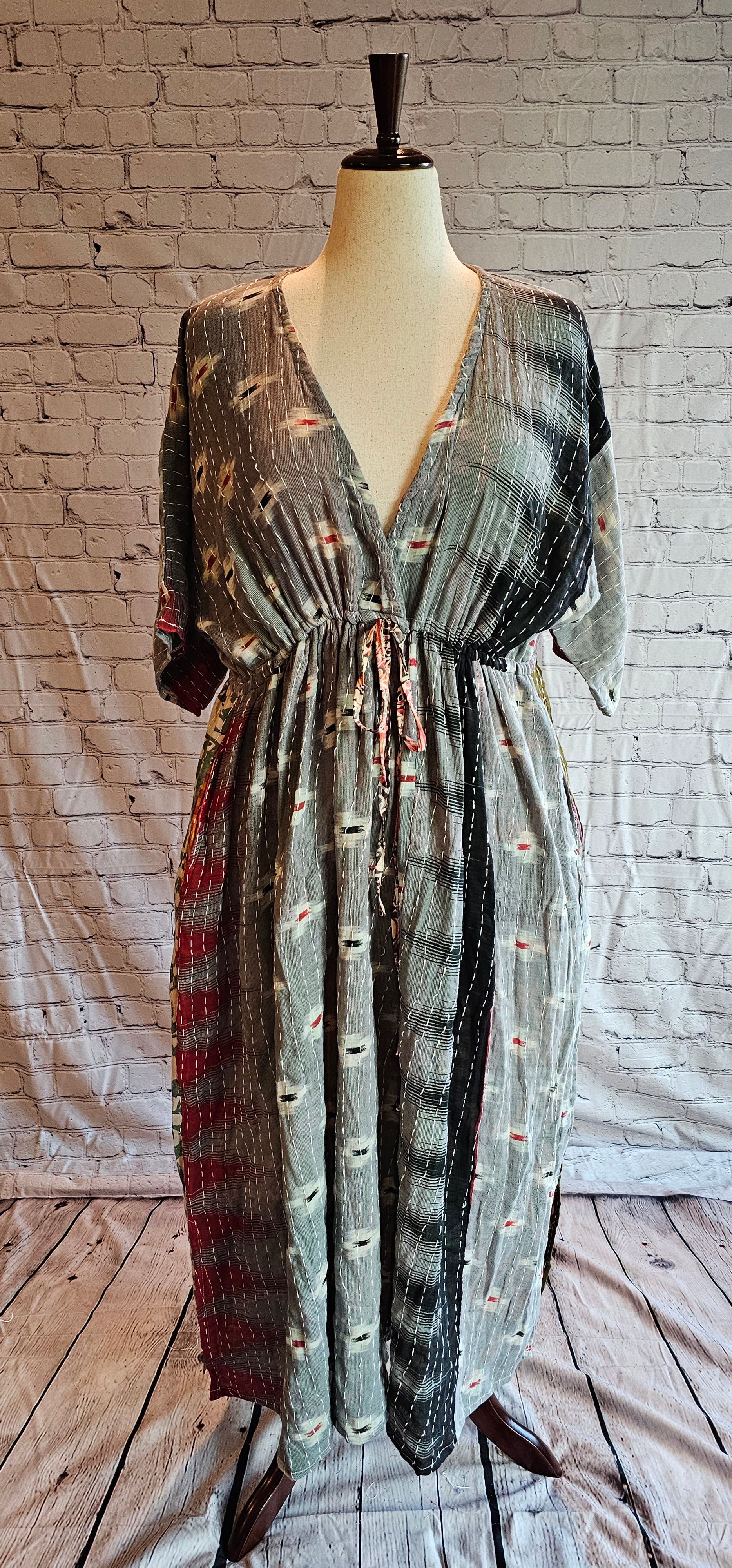 Mosswynd cotton Kantha boho dress front styled for everyday wear, sustainable and one-of-a-kind.