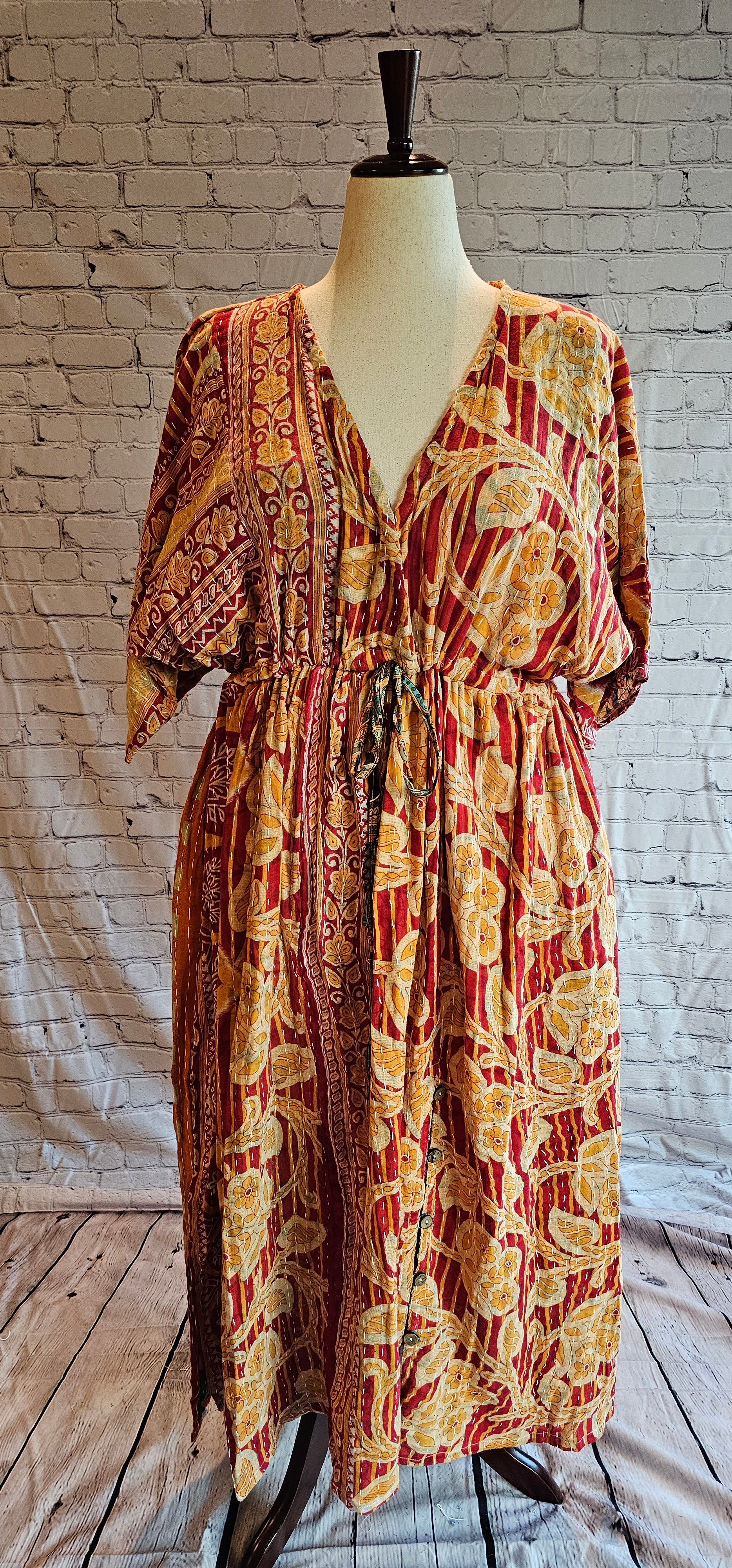 Mosswynd cotton Kantha dress front, bohemian patchwork design with flowing fit.
