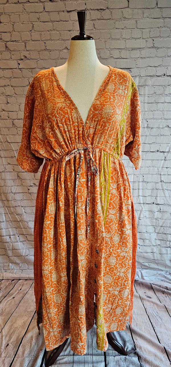 Boho cotton Kantha dress front made from recycled saris, free-size fit S–2X.