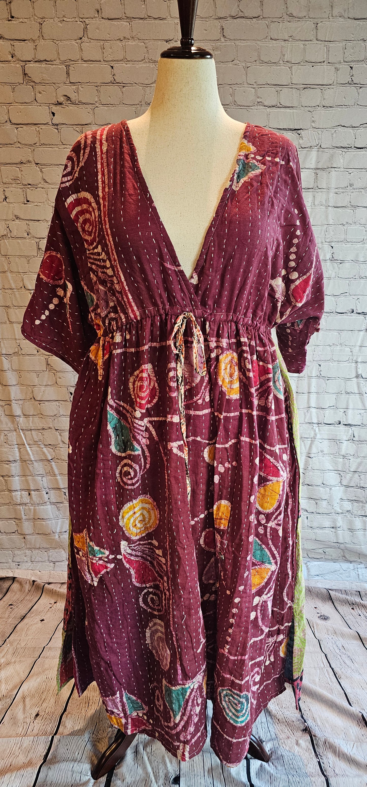 Sustainable cotton Kantha patchwork dress front, one-of-a-kind boho fashion.