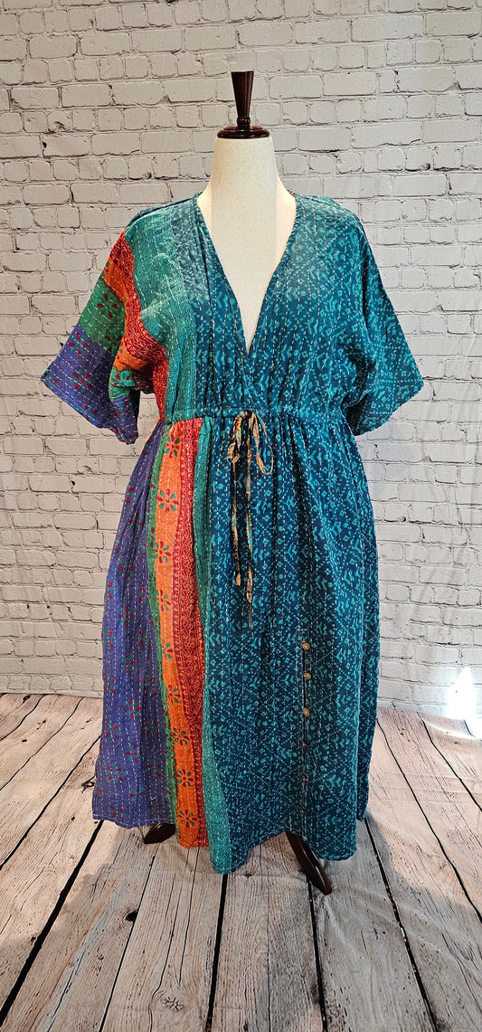 Mosswynd Kantha boho dress front styled for everyday wear, made from recycled sari patchwork.