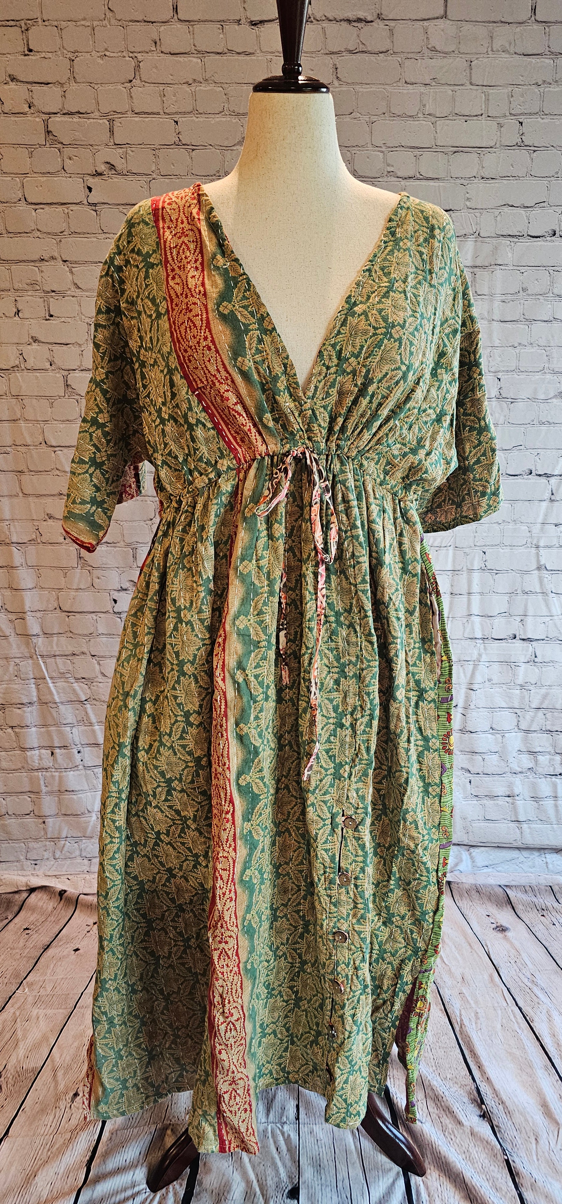 Front view of Mosswynd cotton Kantha patchwork dress front, recycled sari fashion.