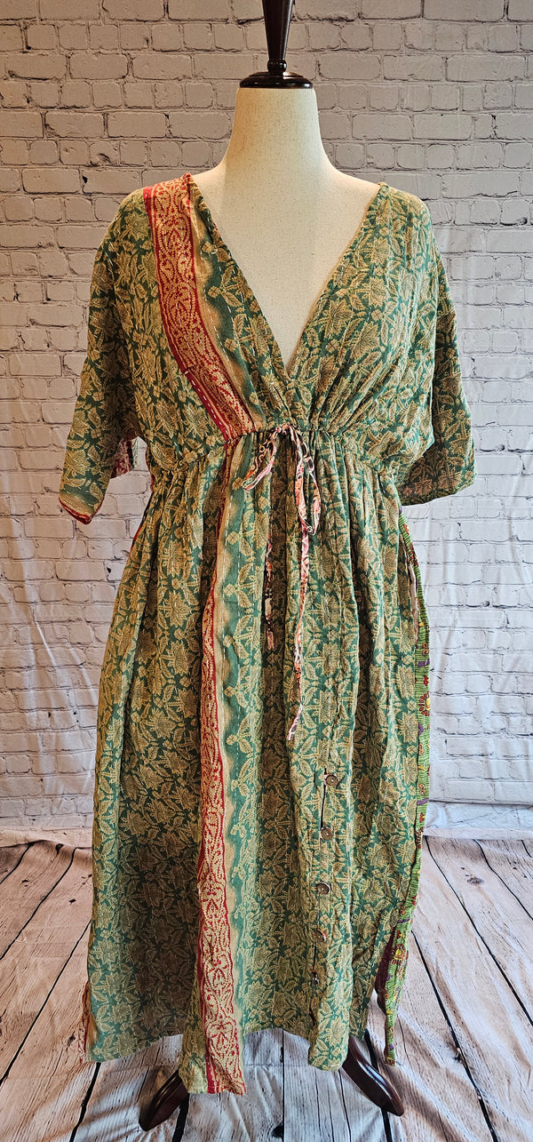 Front view of Mosswynd cotton Kantha patchwork dress front, recycled sari fashion.