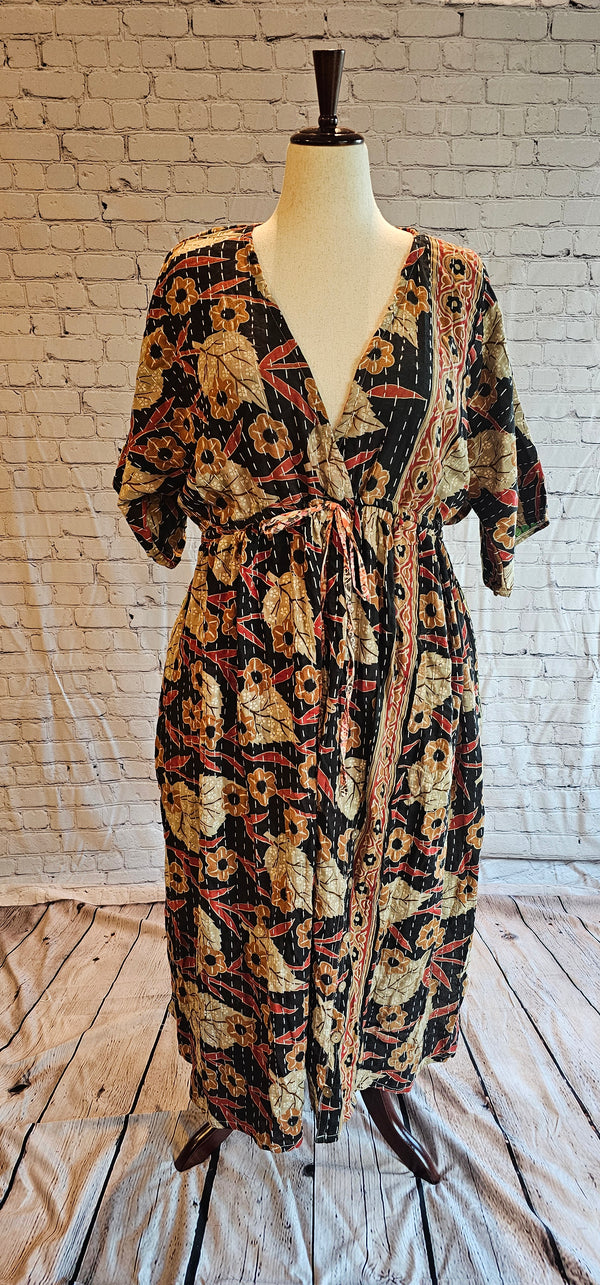 Bohemian cotton Kantha dress front styled casually, one-of-a-kind patchwork garment.