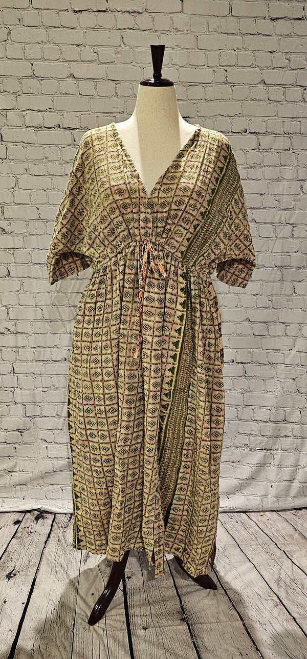 Sustainable cotton Kantha dress front for boho wardrobe, eco-conscious.