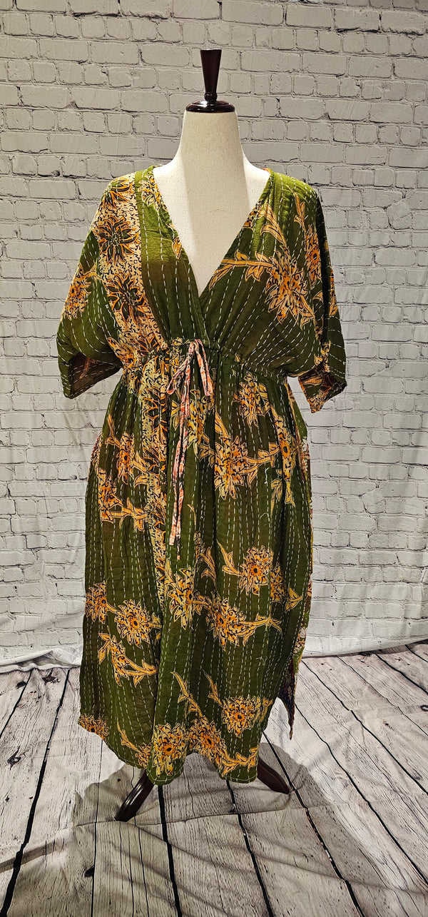 Mosswynd Kantha boho dress styled for everyday wear, made from recycled sari patchwork shown on mannequin.