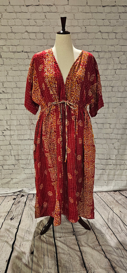 Mosswynd cotton Kantha boho dress styled for everyday wear, sustainable and one-of-a-kind shown on mannequin.