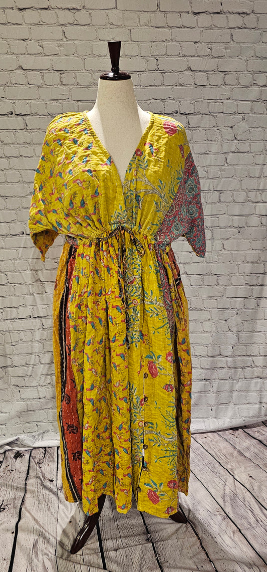 Boho cotton Kantha dress made from recycled saris, free-size fit S–2X shown on mannequin.