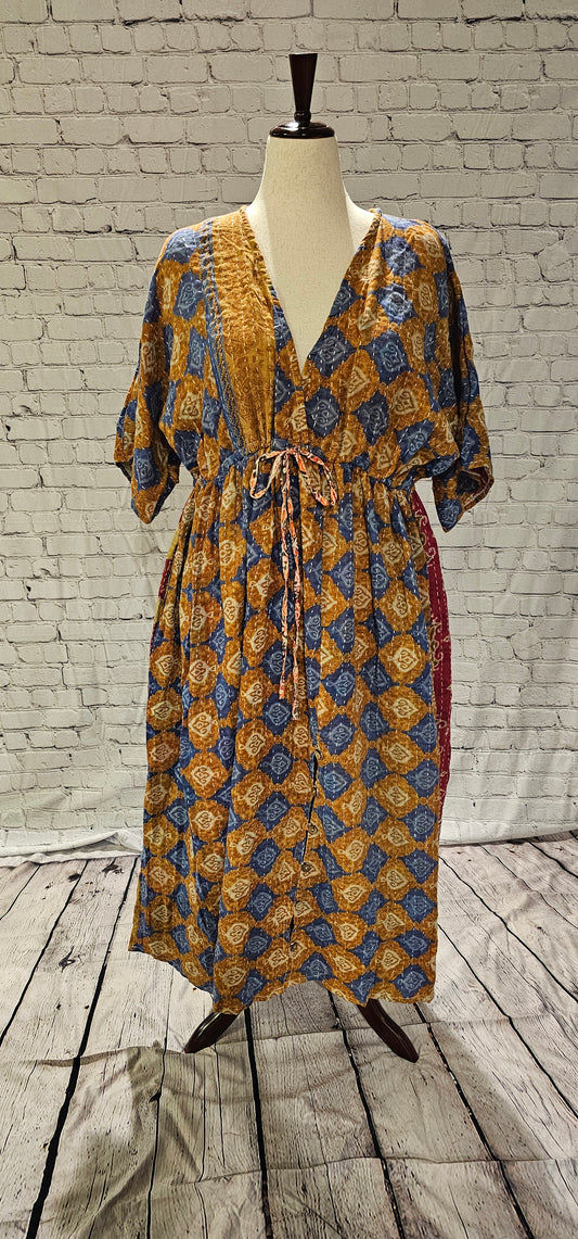 Front view of Mosswynd cotton Kantha dress, sustainable bohemian patchwork design made from recycled saris.
