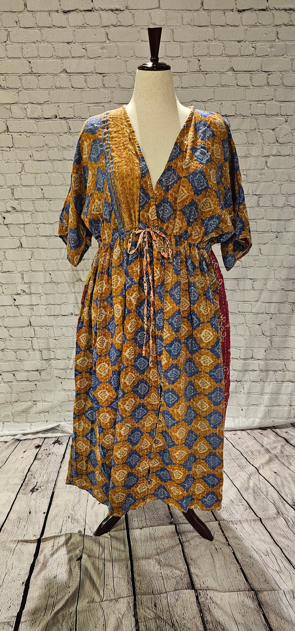 Front view of Mosswynd cotton Kantha dress, sustainable bohemian patchwork design made from recycled saris.