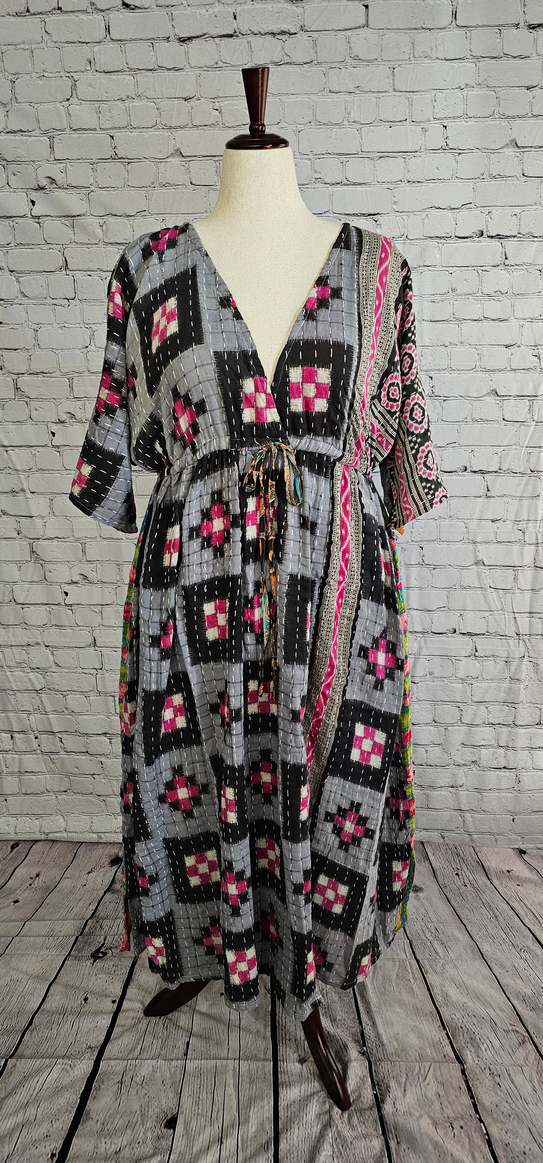 Mosswynd cotton Kantha dress front on model, bohemian patchwork design with flowing fit.