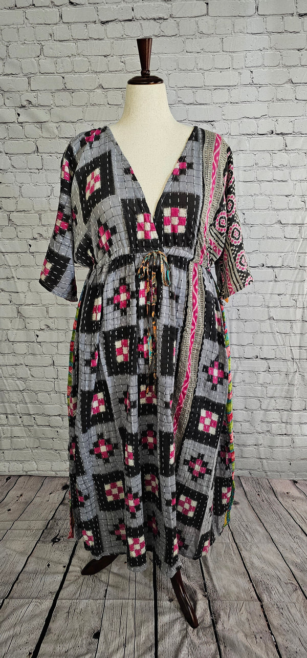 Mosswynd cotton Kantha dress front on model, bohemian patchwork design with flowing fit.