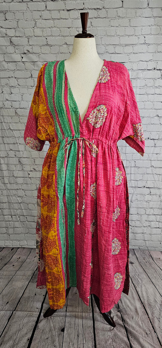 Boho cotton Kantha dress front made from recycled saris, free-size fit S–2X.