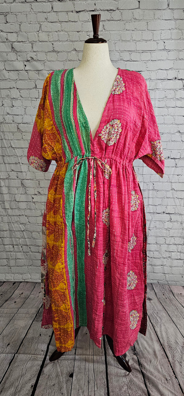 Boho cotton Kantha dress front made from recycled saris, free-size fit S–2X.