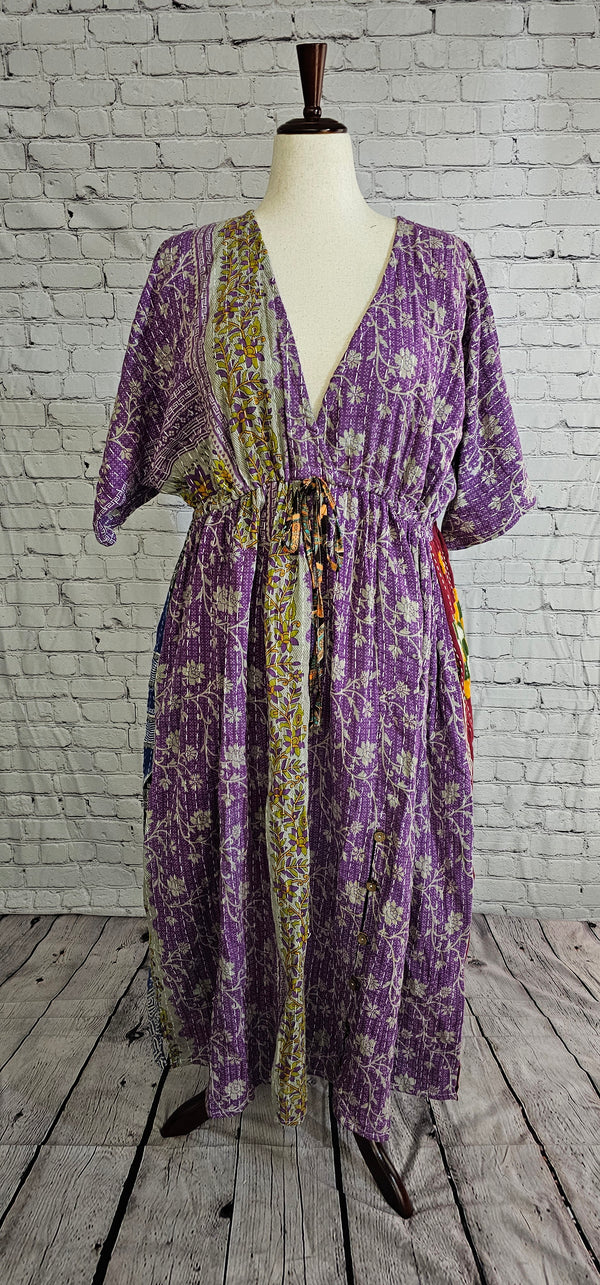 Sustainable cotton Kantha patchwork dress front, and one-of-a-kind boho fashion.