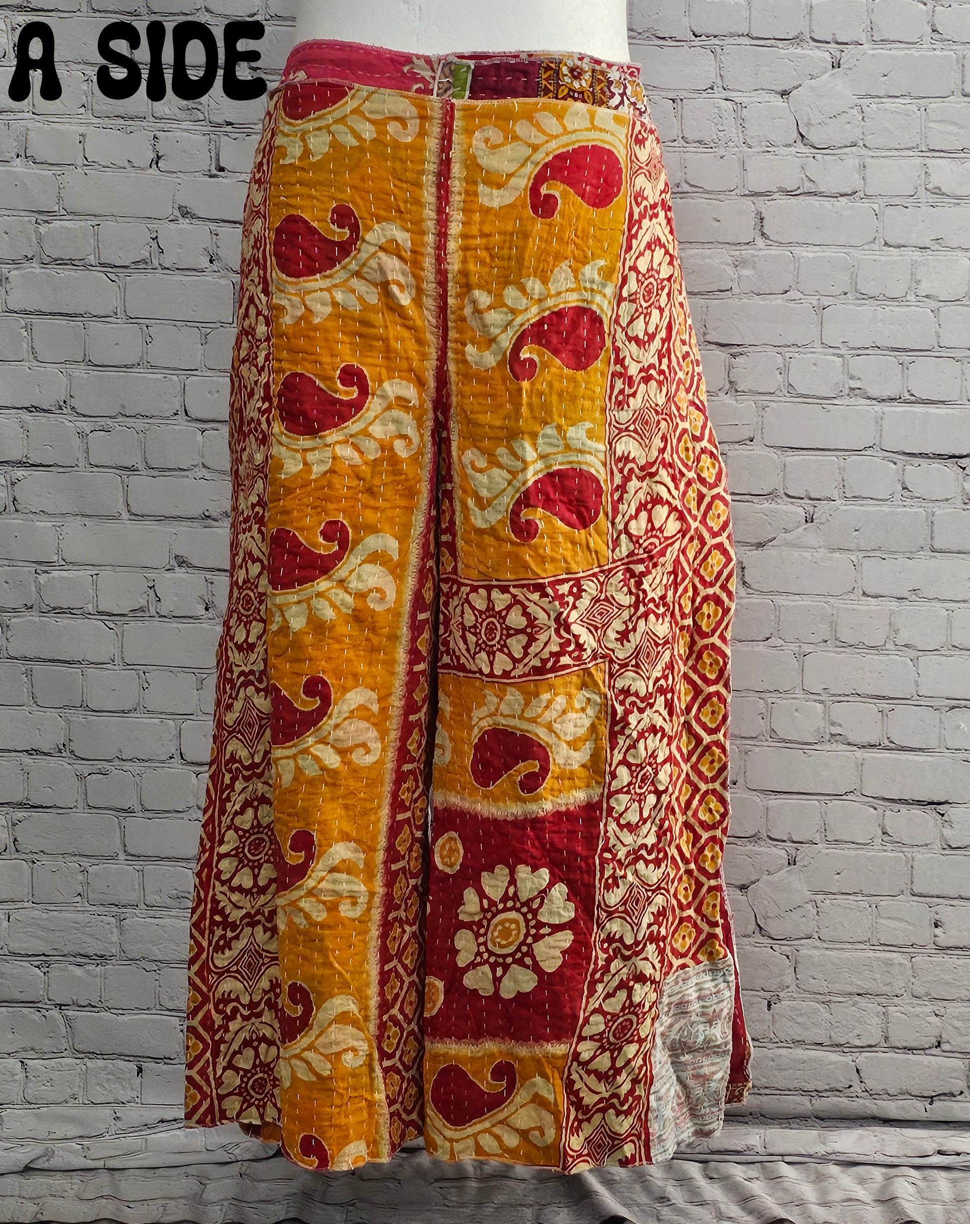 Boho unisex Kantha wrap pants, reversible cotton design with free-size waist tie.