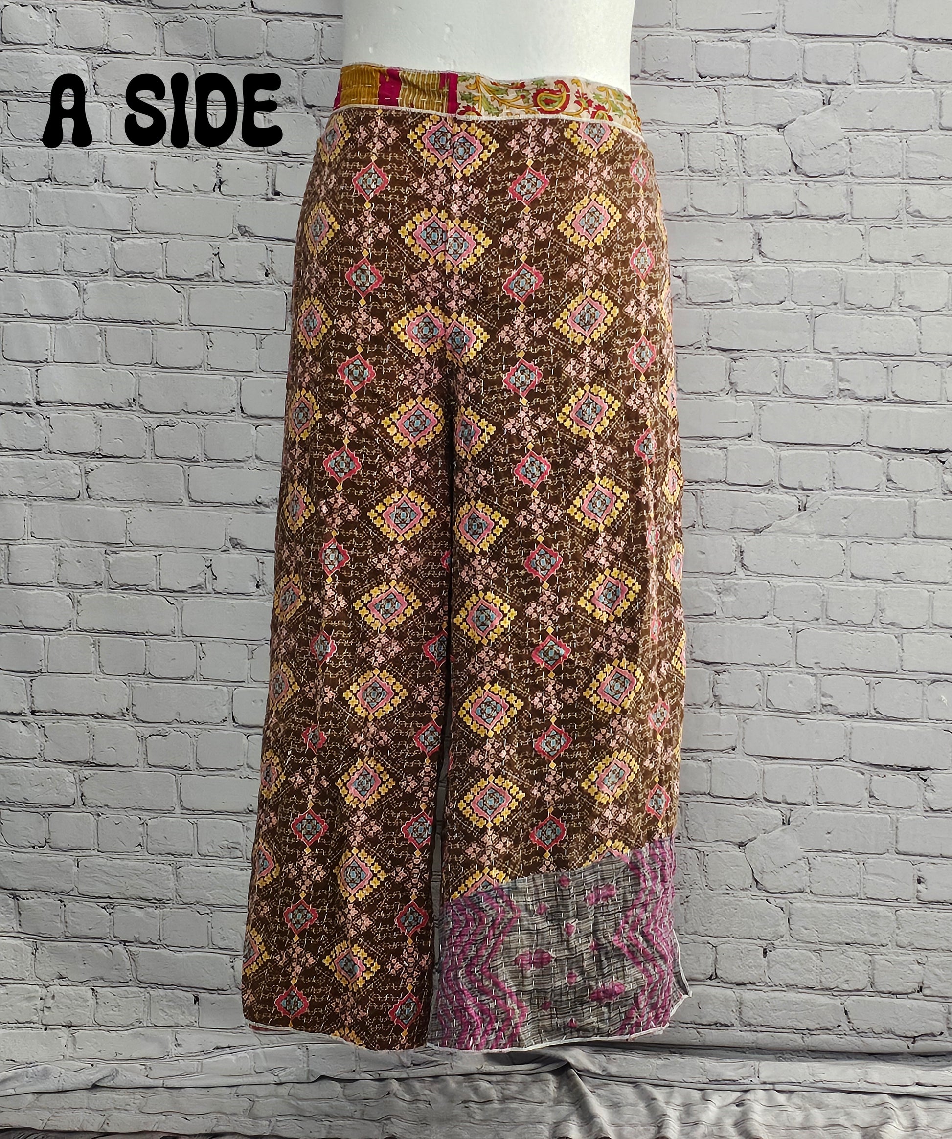 Ronin reversible Kantha patchwork pants in bohemian style, sustainable unisex fashion.