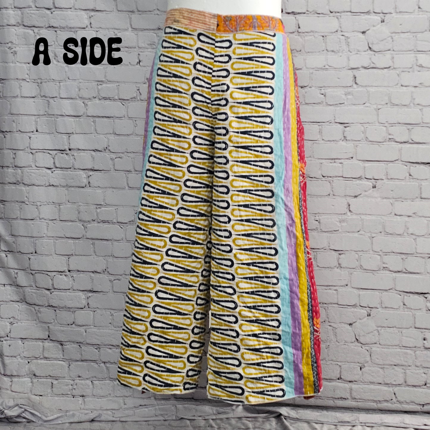 Reversible boho Kantha wrap pants, one-of-a-kind sari fabric in unisex style.