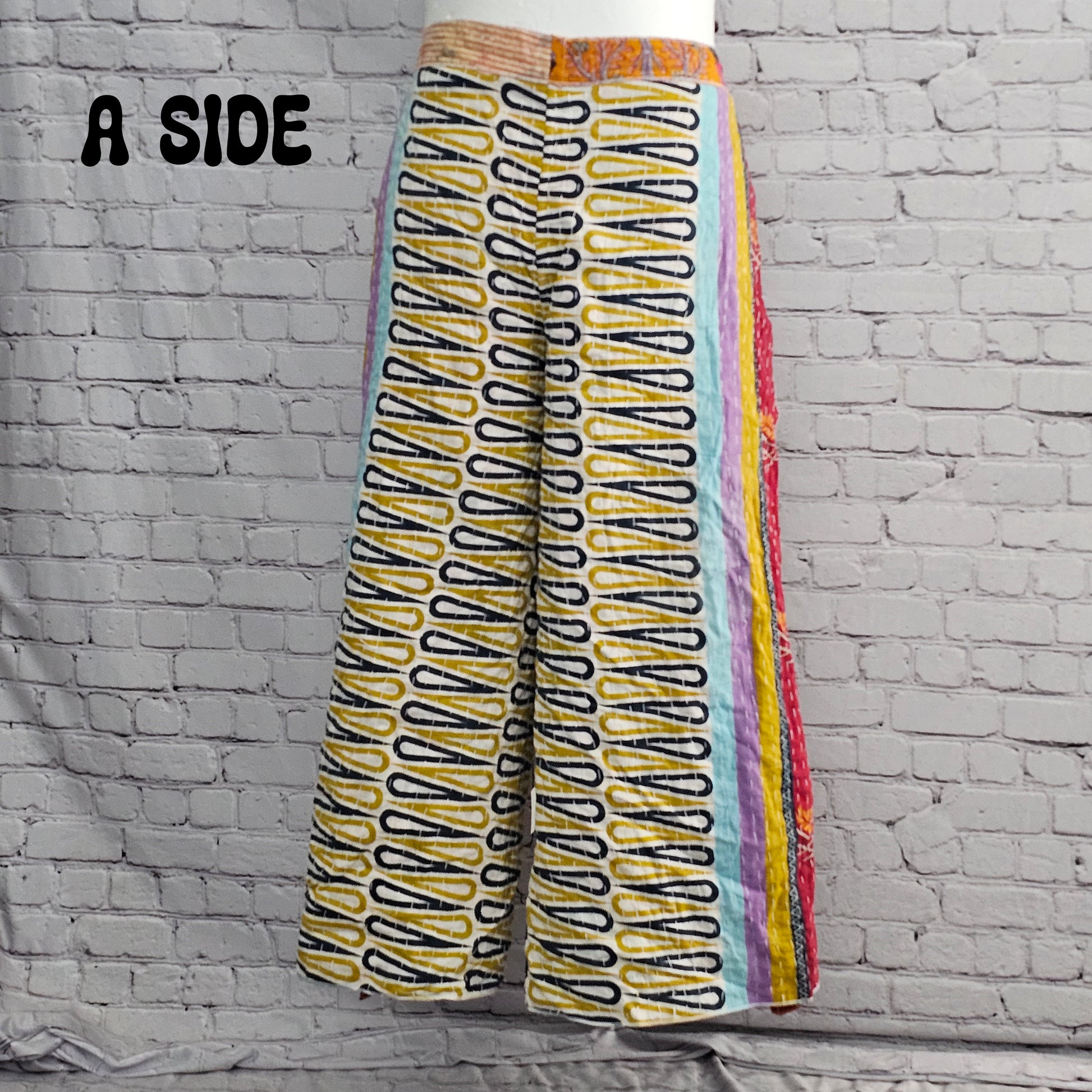 Reversible boho Kantha wrap pants, one-of-a-kind sari fabric in unisex style.