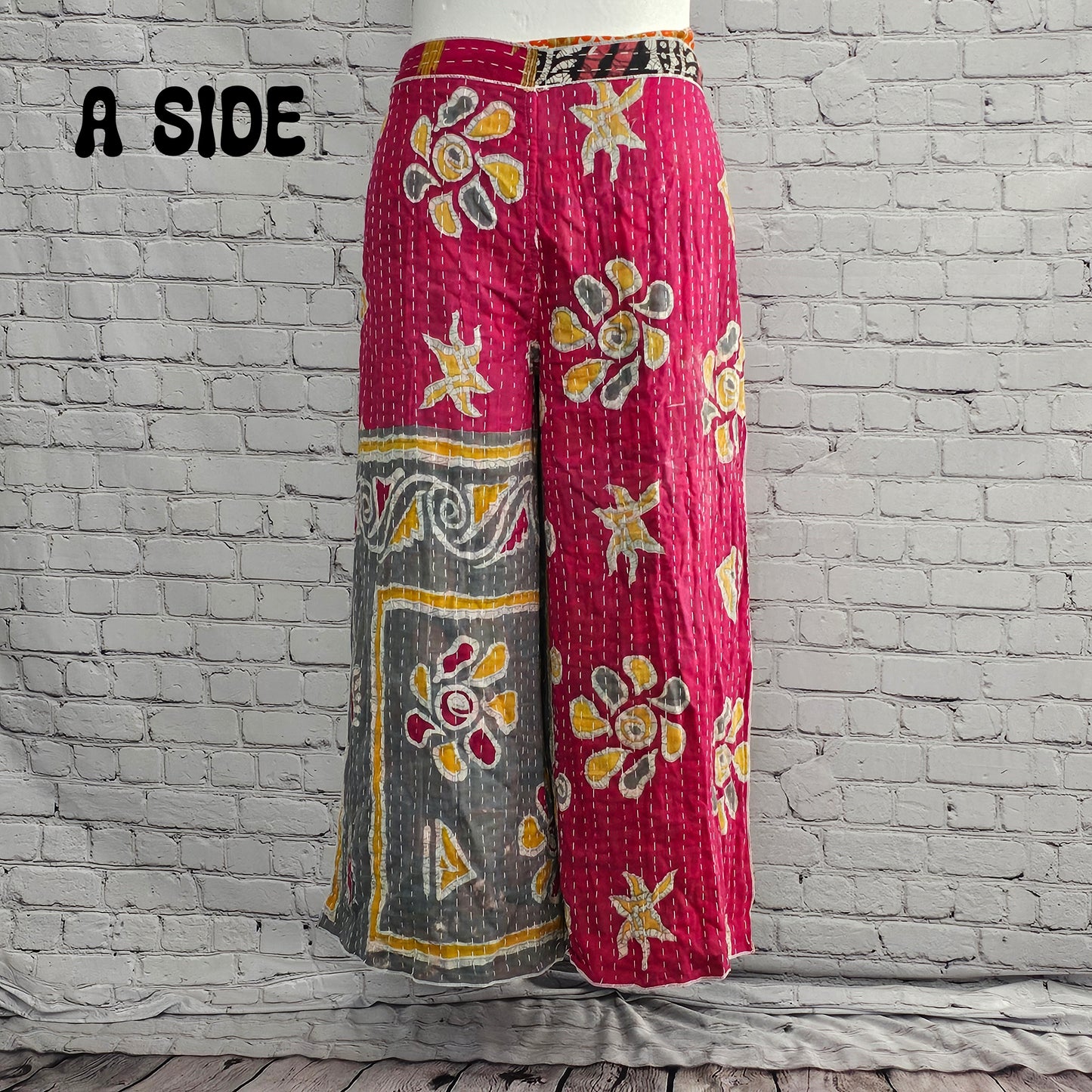 Ronin reversible Kantha boho pants, handcrafted from recycled saris, free-size fit.