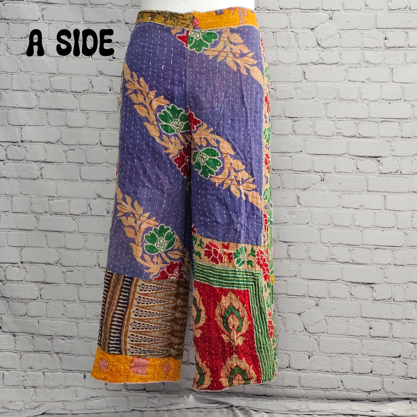 Reversible boho Kantha wrap pants, one-of-a-kind sari fabric in unisex style.