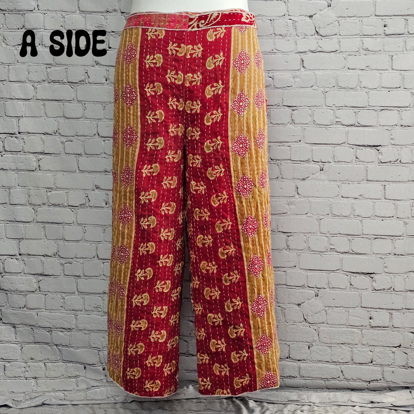 Unisex boho reversible Kantha wrap pants, sustainable cotton patchwork clothing.