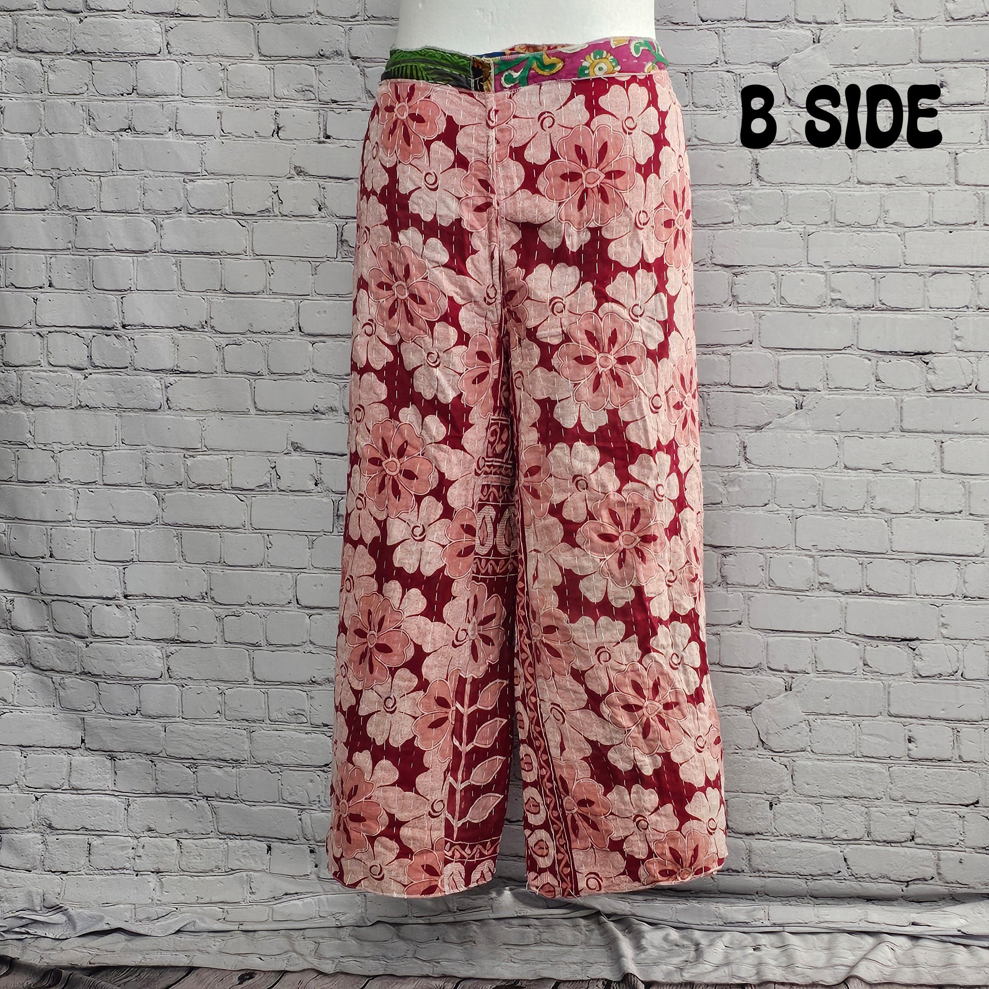 Reversible boho Kantha wrap pants, one-of-a-kind sari fabric in unisex style.
