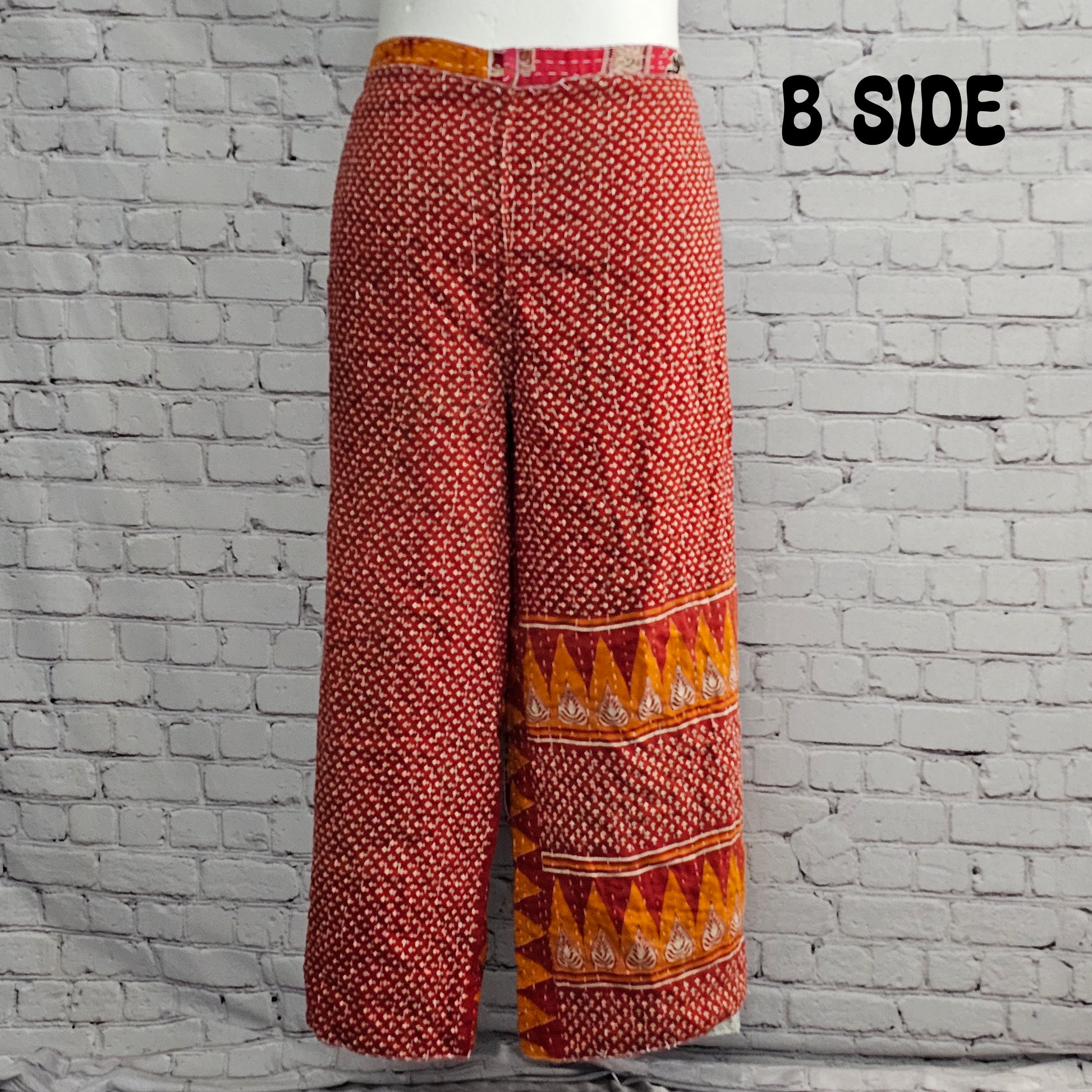 Unisex boho reversible Kantha wrap pants, sustainable cotton patchwork clothing.
